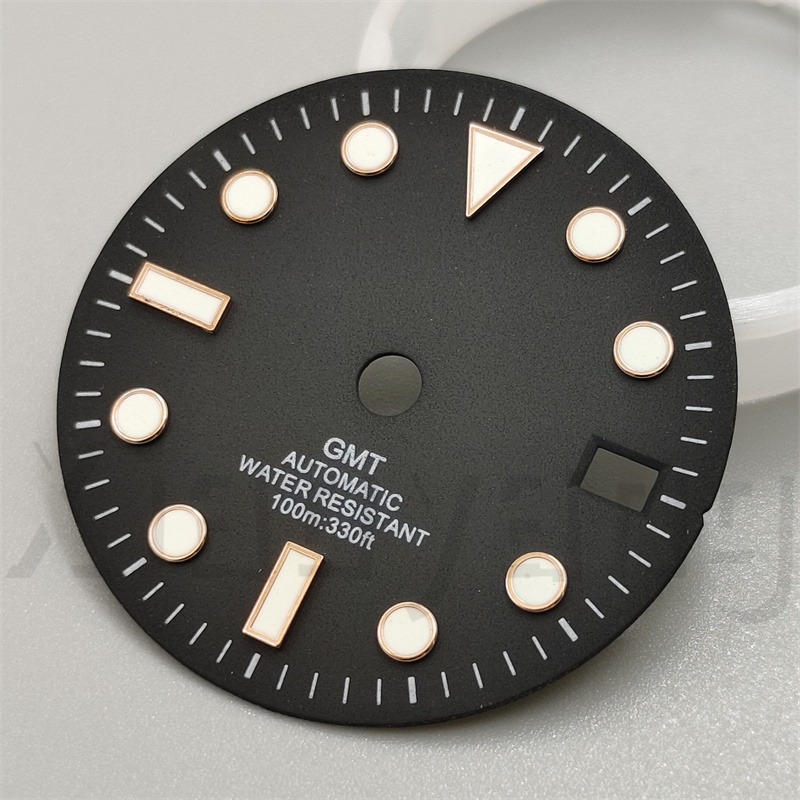 29mm Glossy Watch Dial Black White blue Dial Green Blue Red Orange GMT Text Black Gold Rose Edge Fit NH34 Movement C3 Luminous: Brass