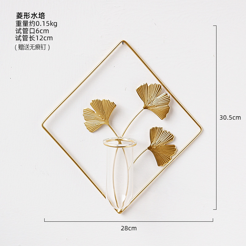 Metal Wall Vase Cylinder Flower Pot Gold Frame Wall Vase For Artificial Flower Glass Vase Wall Mount Flower Vase Home Wall Decor: Diamond