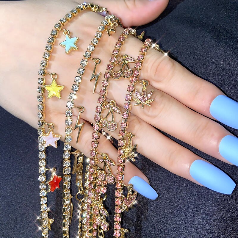 Bling bling verstelbare vrouwelijke tennisketting choker bliksem kersenblad ster hangers dames ketting sieraden