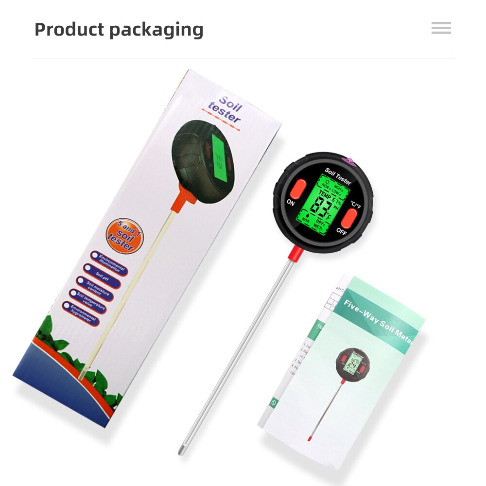 Soil Tester Digital 5-in-1 Soil pH Meter Moisture Meter PH Levels Temperature Sunlight Intensity Humidity Plant soil meter