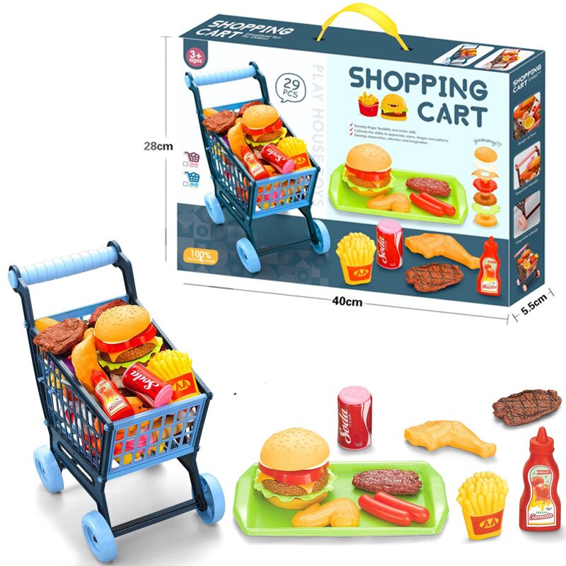 Chariot de supermarché pour enfants, voiture, jouets, Simulation de panier, fruits, BBQ, viande, nourriture, assemblage, maison de jeu
