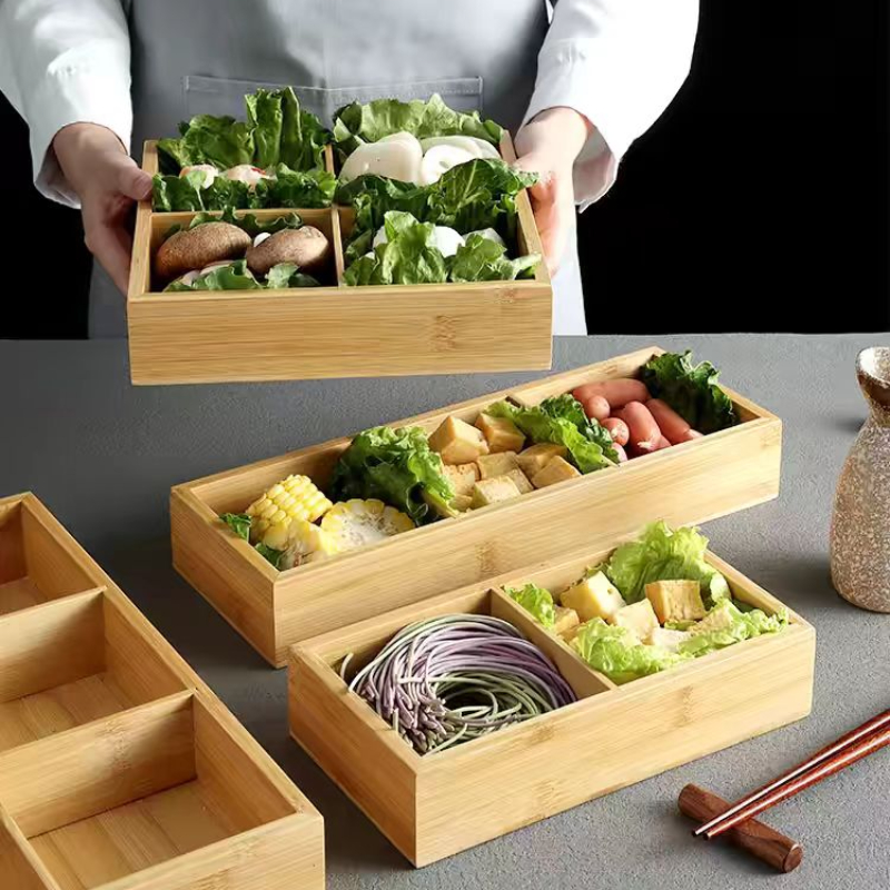 Bamboo Tray Dried Fruit Snacks Fruit Dessert Sushi Plate Pot Compartment Container Tea Table Snacks Dinner Plate