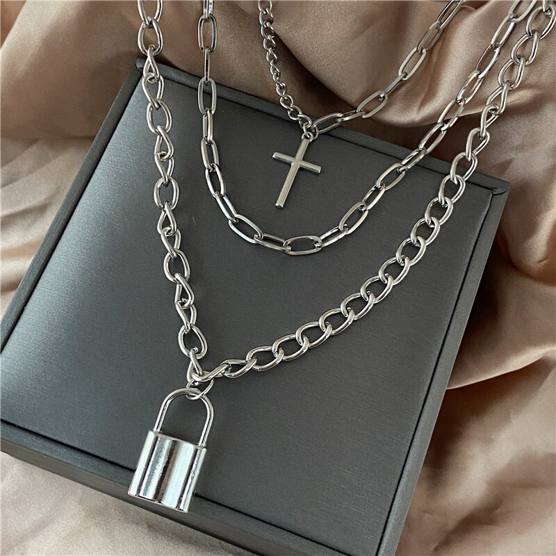 Hip Pop Punk Multi Gelaagde Lock Hanger Ketting Voor Vrouwen Mannen Zilveren Kleur Kruis Hanger Charms Ketting Lange Kettingen Sieraden