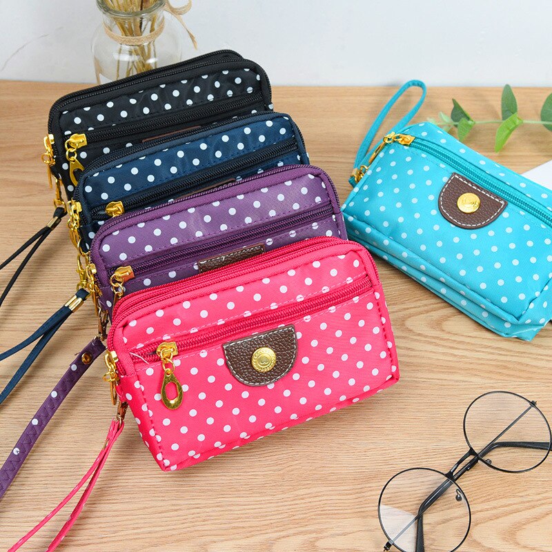 Women Wallet Cute Dot Canvas Three Zipper Multi-layer Fabric Mobile Phone Bag Female Clutch Pouch