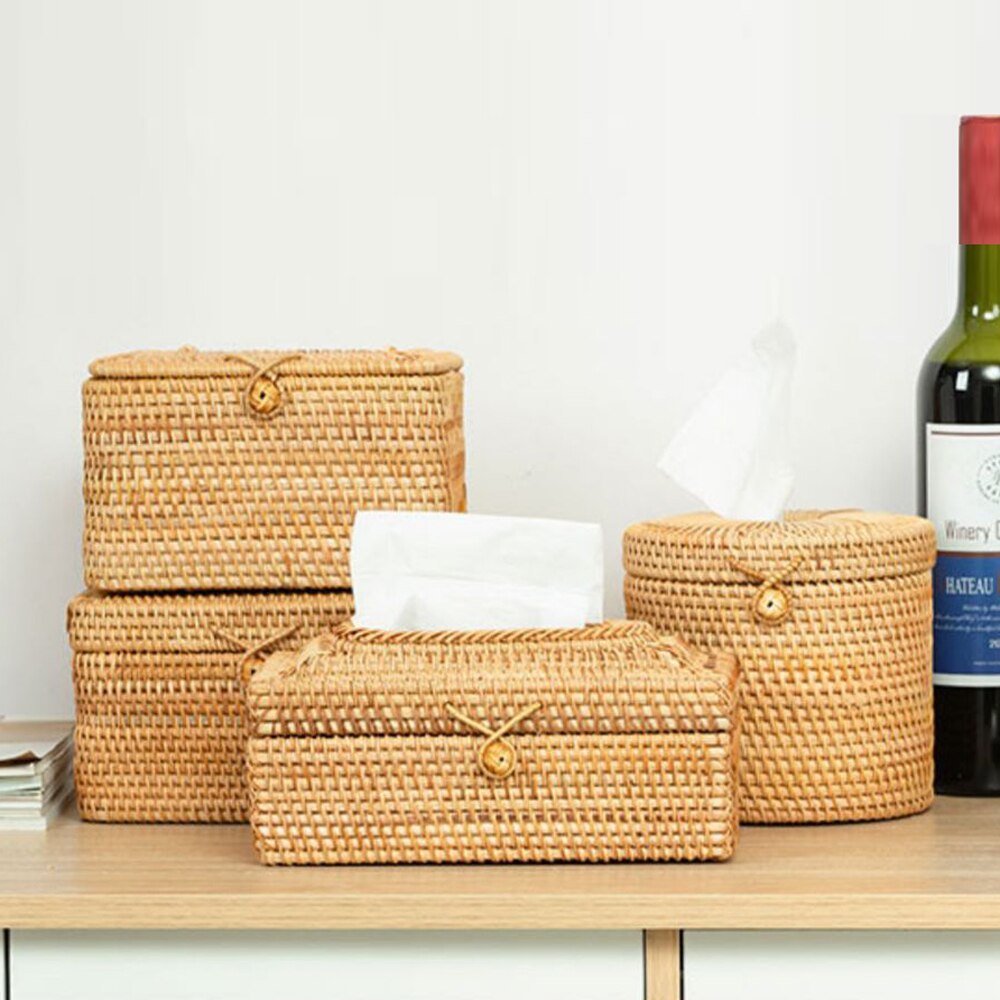 Handmade Rattan Tissue Box Home Drawer Box Vine Roll Holder Toilet Paper Cover Dispenser Desk Storage Box Tissue Case Organizer
