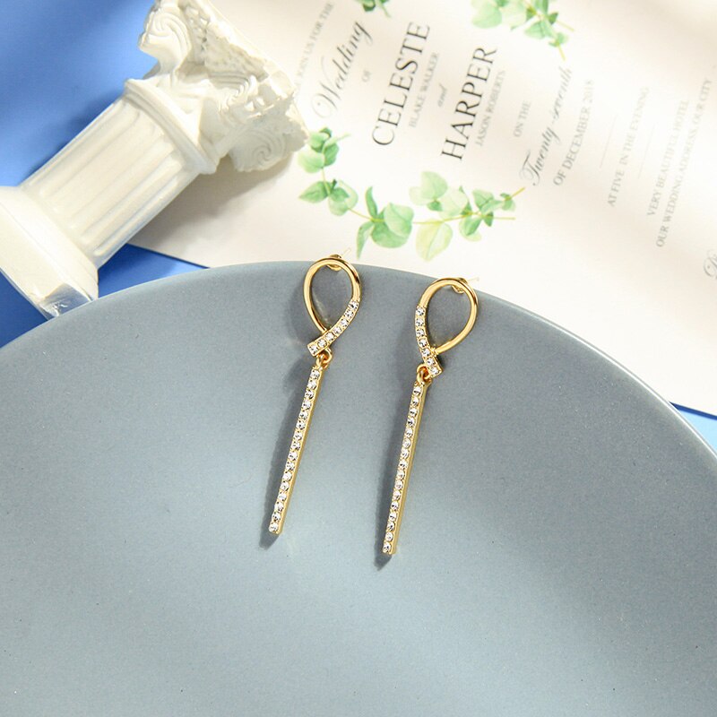 Gold Color Metal sheets Ear Stud Earrings Crystal Chain Tassel Pendant Small Simple Earring Jewelry For Women Factory
