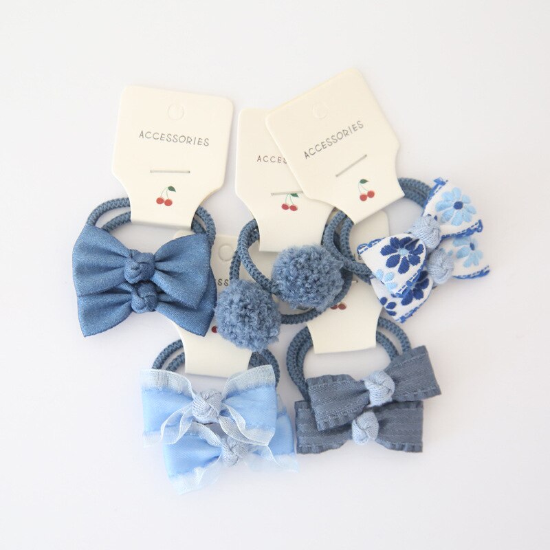 10Pcs/Lot Sweet Hair Band Girls Hair Ties Bows Elastic Rubber Band Flower Small Ball Scrunchies Baby Kids Hair Accessories: blue set
