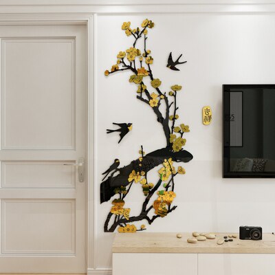 Blomme blomst akryl vægklistermærker 3d stue veranda korridor restaurant sofa tv baggrund vægdekoration kinesisk stil: Guld og sort / 45 x 105cm