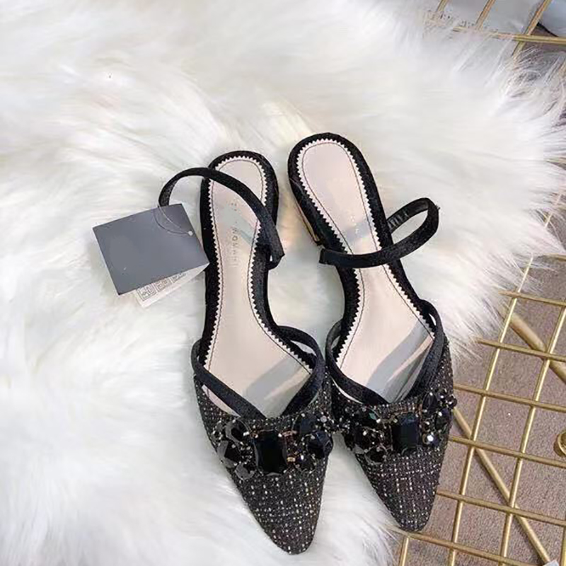 Luxe noir cristal femmes sandales plates Slingback or talon femmes sandales à bout pointu sans lacet d'été Mujer Sandale Femme A072