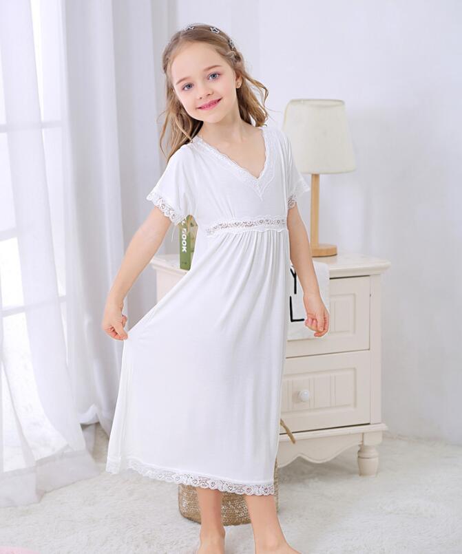Baby Meisjes Zomer Kant Nachtjapon Meisjes Wit V Kraag Katoen Lange Nachtkleding Jurk Meisje Kleding 6 8 10 Jaar