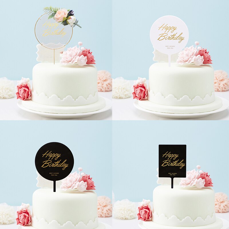 Happy Birthday Acrylic Cake Toppers with Flower Cake Toppers Birthday Party Baking Supplies Cake Decorating Flags Toppers