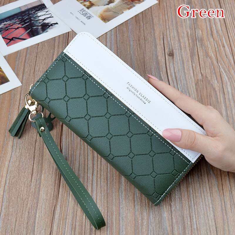 Long Pu Leather Women Wallet Plaid Tassel Wallets For Woman Wallet Purse Clutch Credit Card Holder Long purse cluthes: A