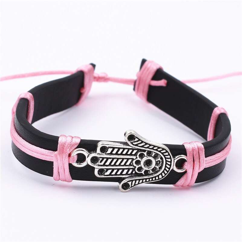 Tyrkisk hamsa symbol fatima hånd onde øje wrap armbånd kvinder mænd heldig amulet legering palm armring: Zps 050- pink