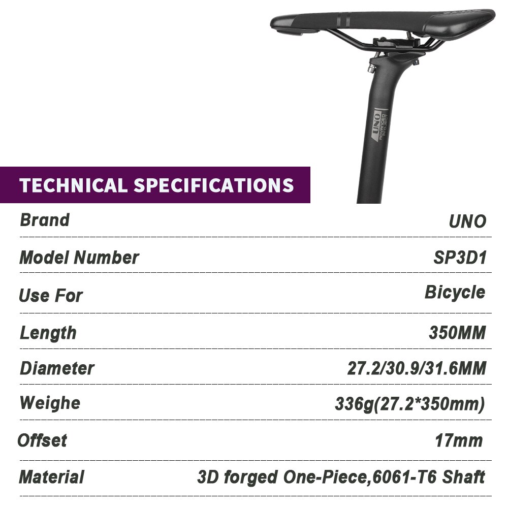 UNO-tija de sillín de bicicleta de montaña, poste de asiento de bicicleta de carretera, piezas de 27,2/30,8/31,6x350mm, tubo de asiento de aluminio Offset de 17mm