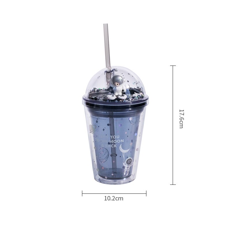 Vattenflaska kaffemugg söt vattenflaska för tjejer kawaii bling isolering astronaut tecknad film kopp vattenflaska med halm