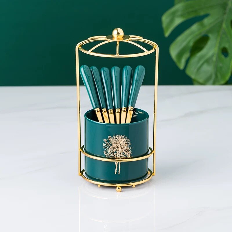 Nordic Ceramic Stainless Steel Fruit Fork Storage Tube Dessert Fork Cake Fork Fruit Fork Storage Pot Living Room Fruit Fork Set: 6 forks pot rack 4