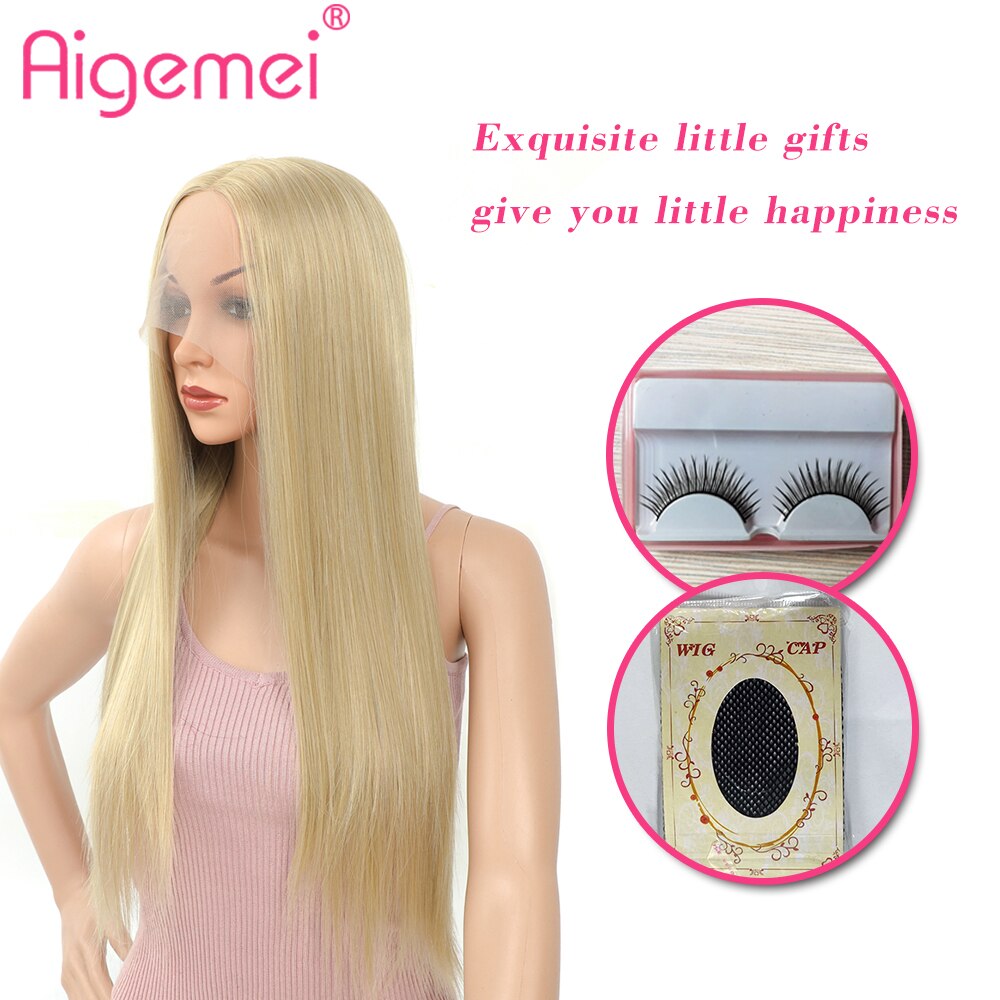 Aimemei-peluca con malla frontal sintética para mujer, pelo largo y liso de fibra de alta temperatura, color negro