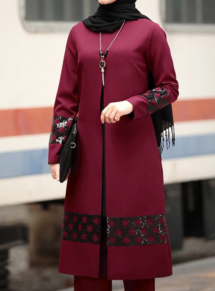 Muslim business abaya naisille pitkähihainen+housut 2 kpl yksivärinen yksinkertaisuus asu kaftan lähi-idän setti: Viininpunainen / L