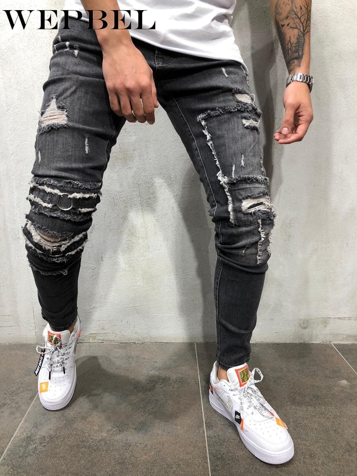 WEPBEL rue Hiphop hommes genou trou Stretch Denim pantalon déchiré mendiants Punk gothique maigre fond fermeture éclair Biker jean