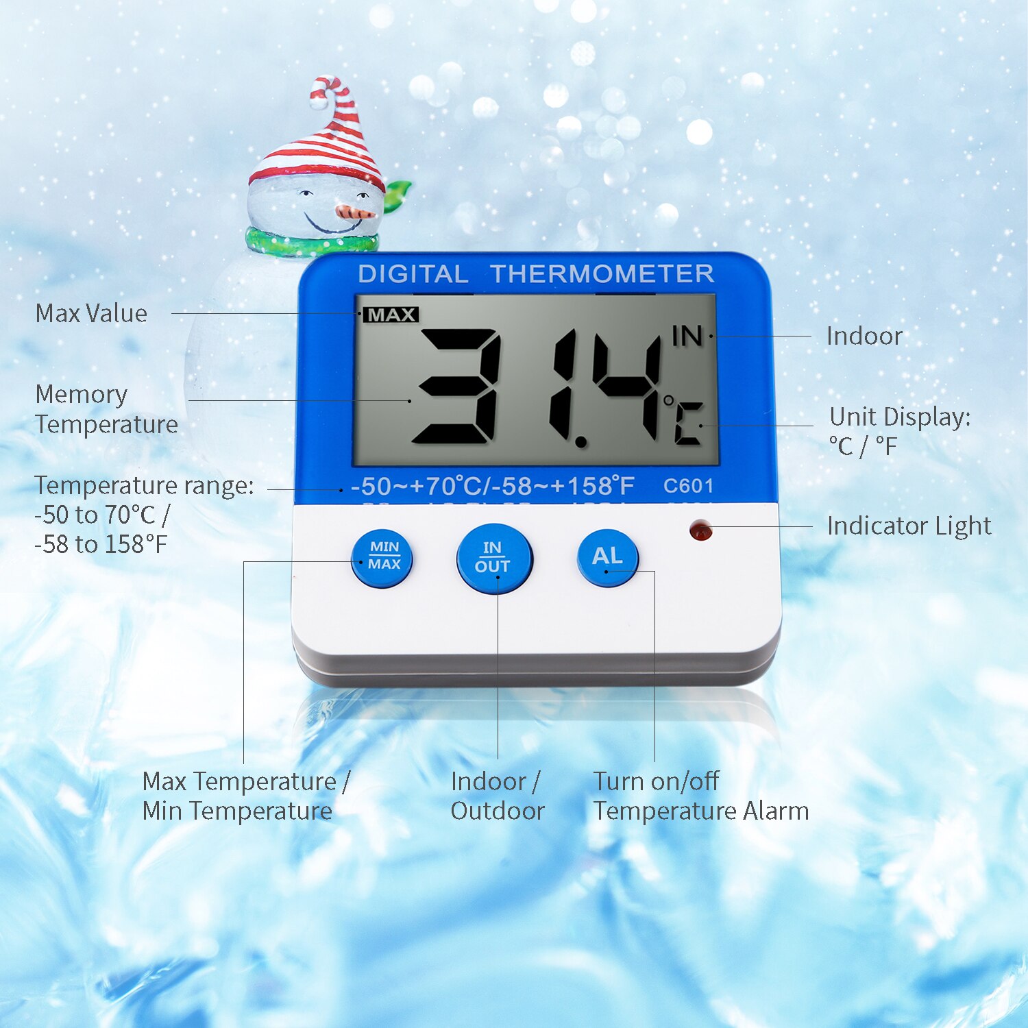 Digitalt køleskabstermometer med alarm og max min temperatur let at læse lcd display digitalt køleskab fryser termometer