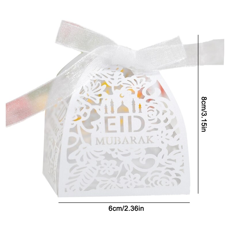 50pcs Eid Mubarak Candy Box Ramadan Decoration Hollow Wedding Party Favor Chocolate Boxes with Ribbons
