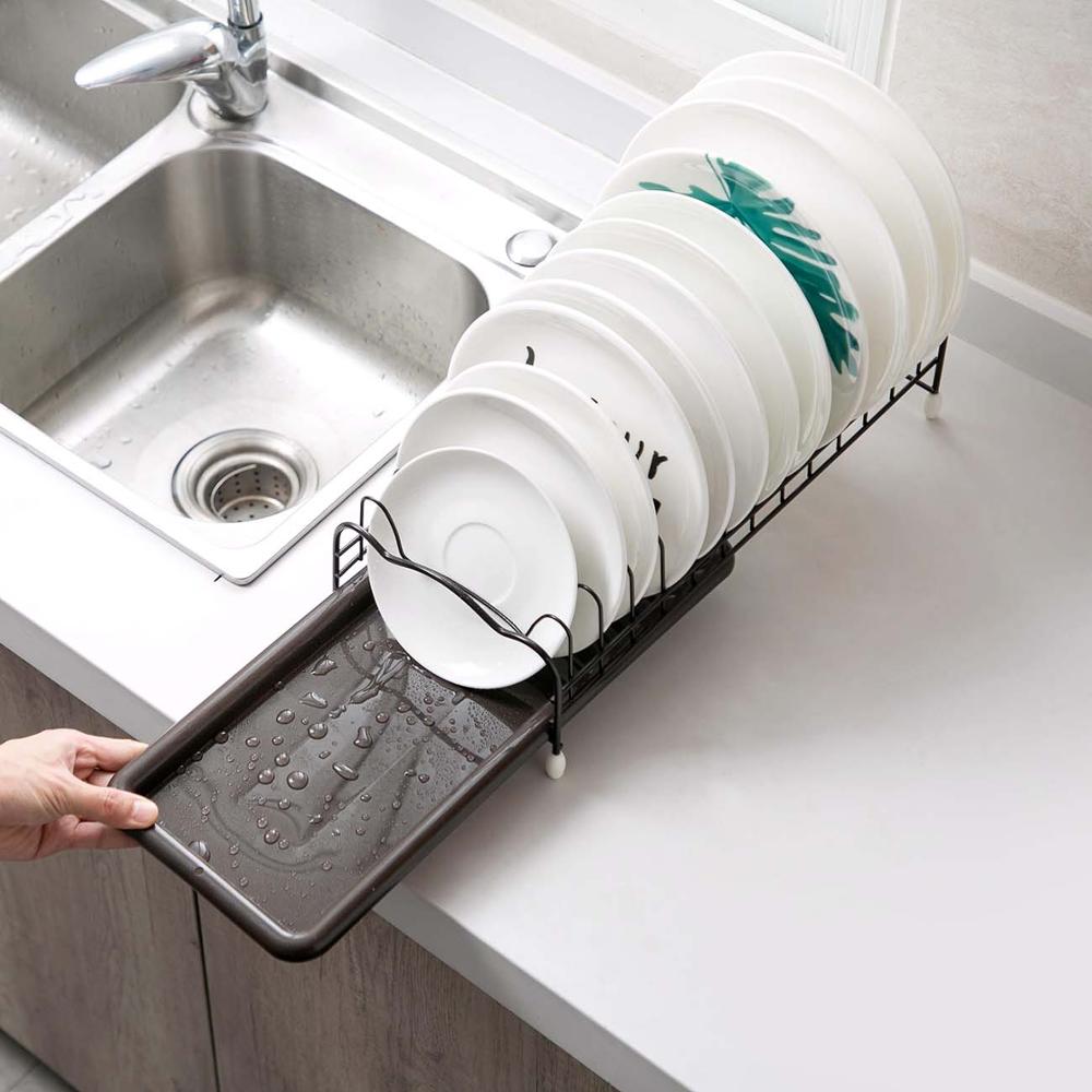 Jern køkkenopvask tørreholder med bakke bordservice opbevaring hylde plade opvaskestativ afløbskab køkkenarrangør