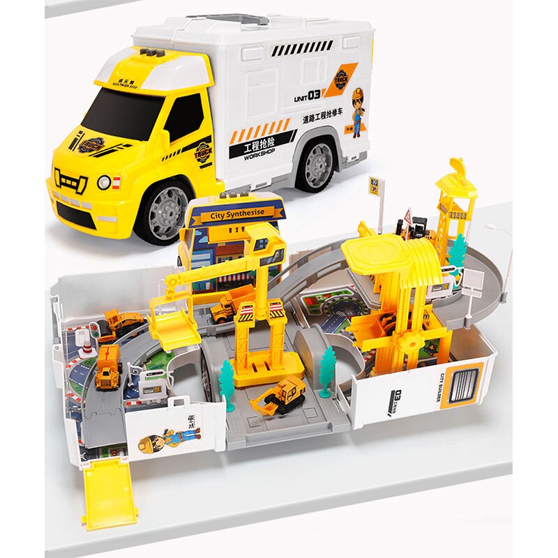 2 in 1 spoorwegracebaan elektrische auto speelgoed parkeerplaats met lichte muziek assembleer container vrachtwagen baan speelgoed voor jongens