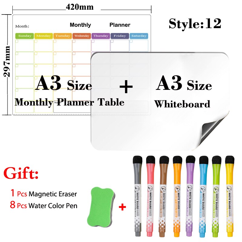 Tør-slet magnetisk månedskalender til køkkenkøleskab og magnetisk tavlekalender  a3 størrelse 297mm x 420mm whiteboard: Jhb 12-a3-8 pen 1 slet