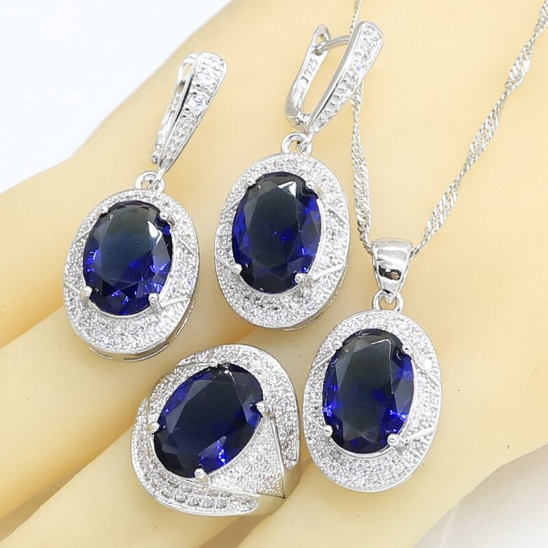 Silver färg bröllop smycken set för kvinnor blå halvädelst armband örhängen halsband hänge ringar box: 3 st / 9