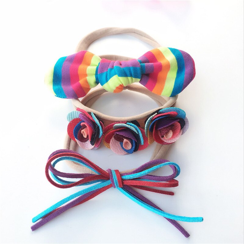 BalleenShiny 3pcs Baby Bowknot Headband Lovely Colorful Flower Cute Nylon Headwear Set Kids Hairband Girl Turban