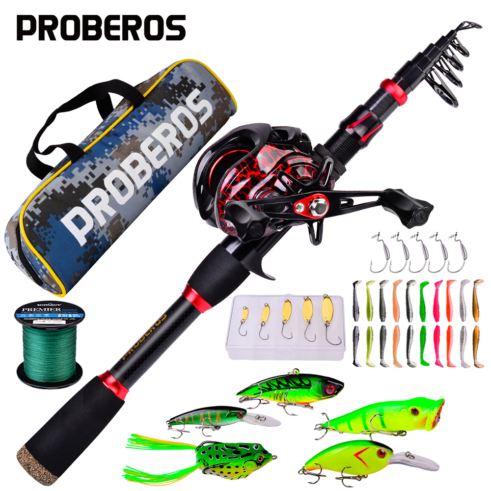 PROBEROS-Juego de caña y carrete de pesca 7,2: 1, carrete de Baitcasting de alta velocidad, 2,1 M, varilla telescópica de fibra de carbono, Kit de gancho de cebo de línea combinado