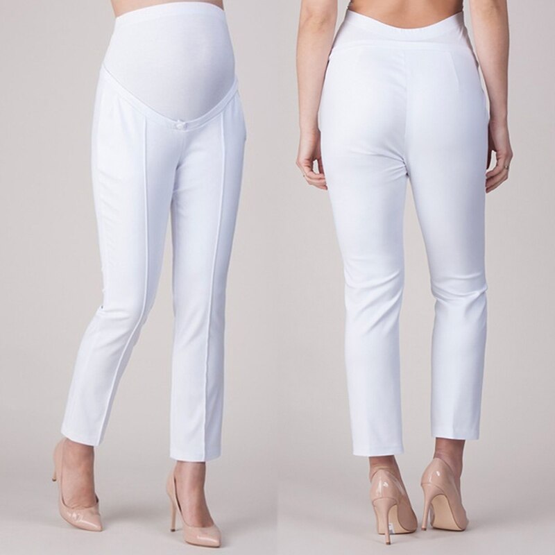 Elastiskt magskydd gravid leggings byxa fritidsbyxa pennbyxa graviditetskläder långbyxa med hög midja: Vit / S