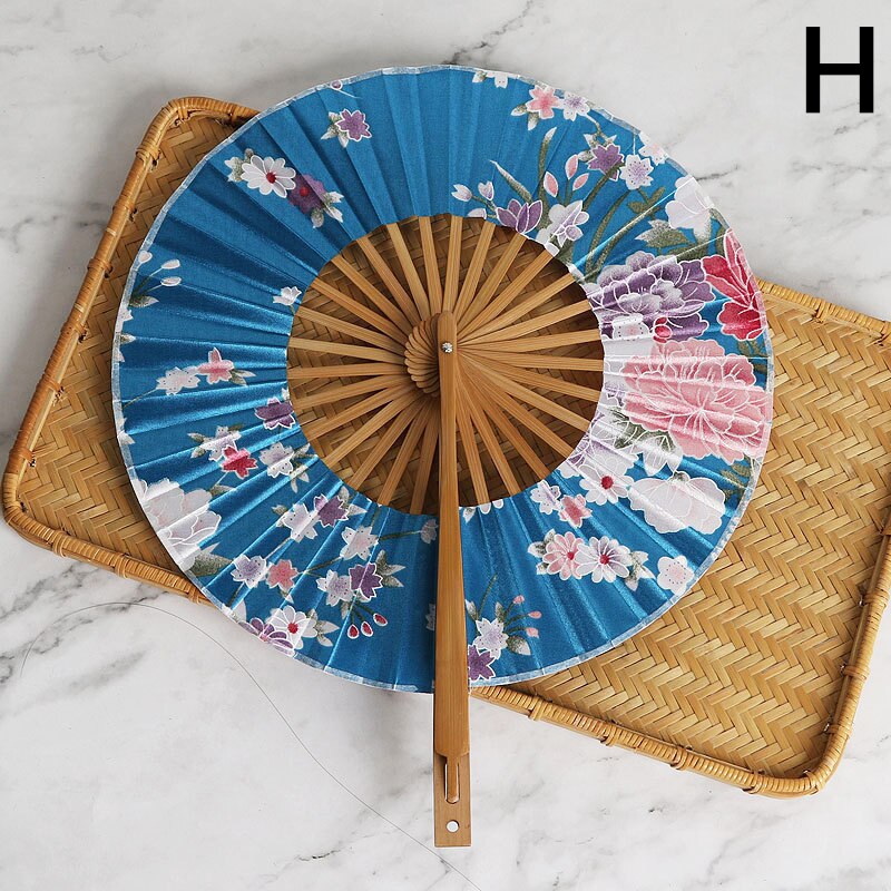 Japanese Sakura Flower Folding Hand Fan Round Circle Party Decor Wedding Hand Held Women Photo Prop Tool Art Craft: H
