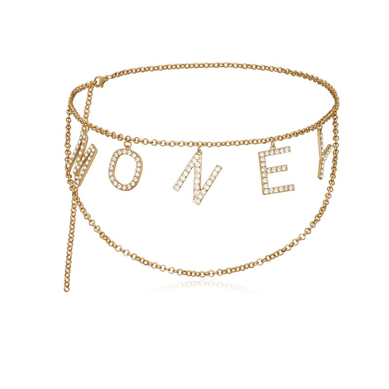 Kæde bælte guld sølv bogstav talje metal bælter til kvinder personlighed kvast linning damer ceinture femme luksus: Penge guld strass