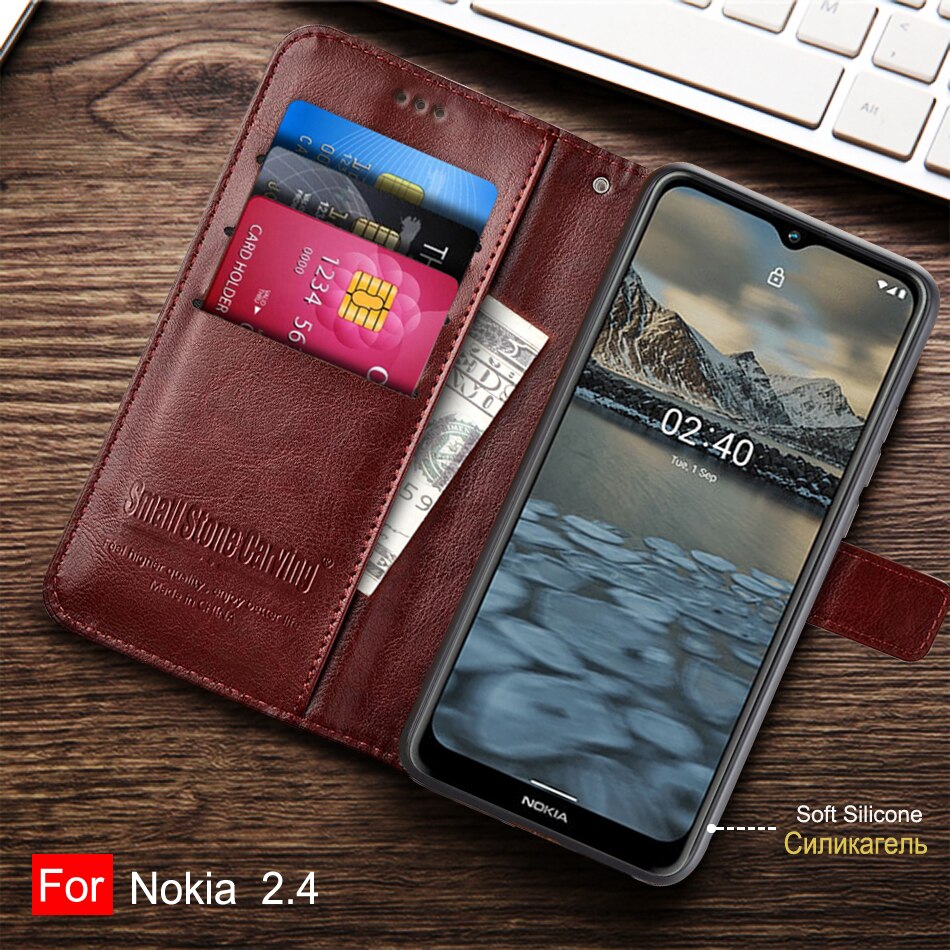Étui portefeuille à rabat en cuir avec porte-cartes, pour Nokia 2.4, 2.4