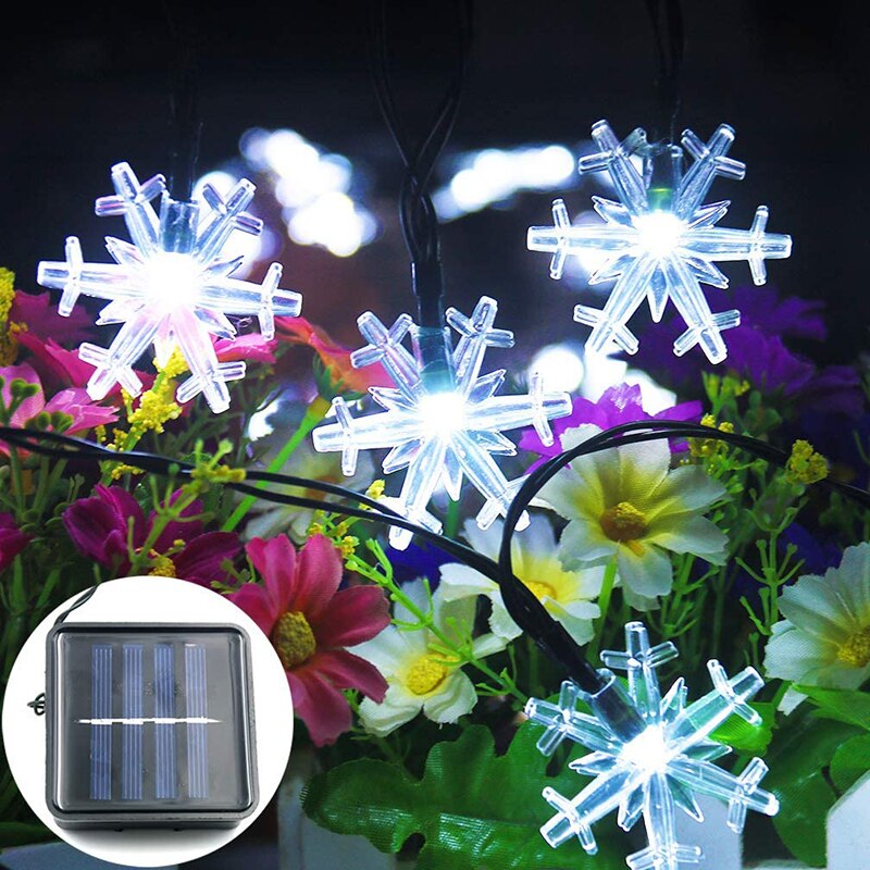 Solar Powered Snowflake 20 LED,30 LED,50 LED,100 LED String Lights,Romantic Decoration Fairy Light for Christmas, Outdoor Party: Cold White / 12M 100LED 8Mode