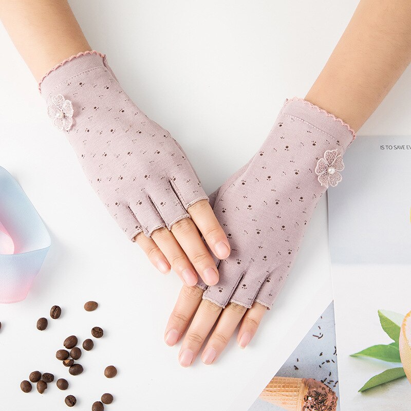 Gants de protection solaire pour femmes, en coton, UV, perle, Sport, cyclisme, conduite, écran tactile, demi-doigt, moufle, fleur, point, O22