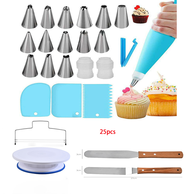 DIY Cake Turntable Cake Decorating Tools Kit Rotary Table Baking Tool Piping Nozzle Piping Bag Set Baking Supplies Sets: Turntable 25 PCS Set