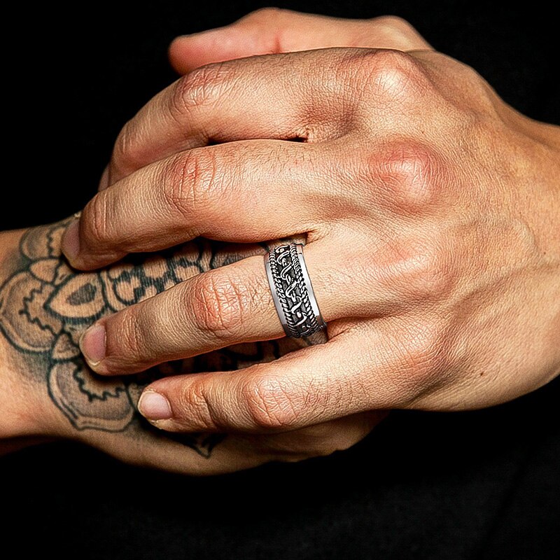 Bague Vintage pour homme, anneau à motif texturé en acier inoxydable, bijoux pour hommes