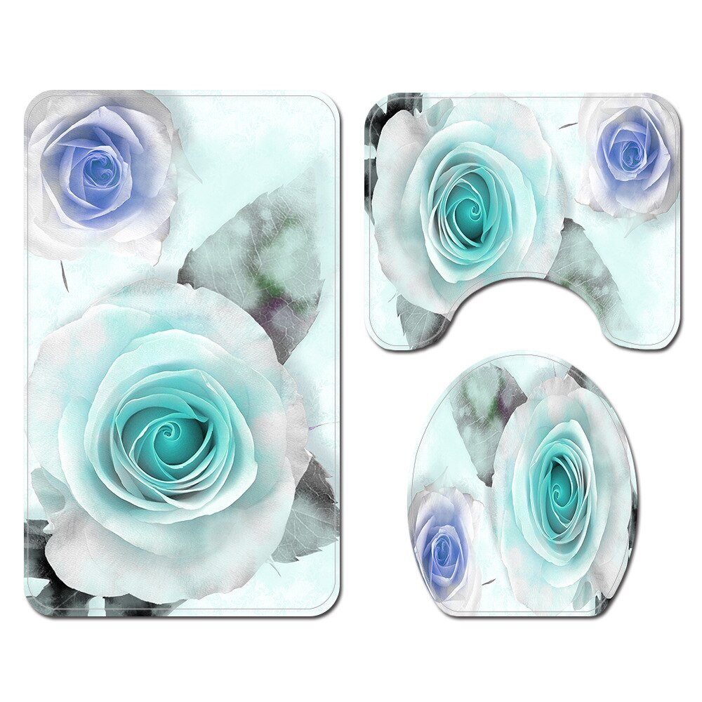 Floral Bathroom Carpet Shower Room Toilet Floor Mat Toilet Seat Cover Mat Bathroom Non-Slip Carpet Mat Set with Shower Curtain: Bath Mats-726