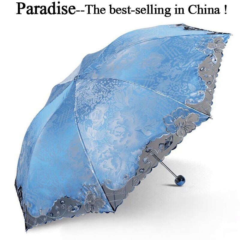 Brand Lace Umbrella Rain Women Folding Flower Portable Clear Umbrellas Double Girl Parasol Female Chinese: Blue
