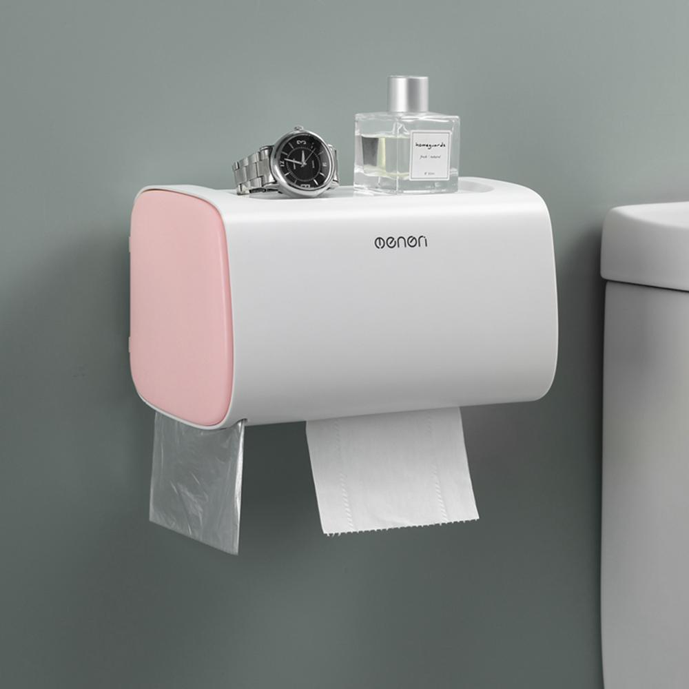 Waterproof Wall Plastic Mount Toilet Paper Shelf Bathroom Shelf Storage Box Portable Toilet Roll Holder: Pink