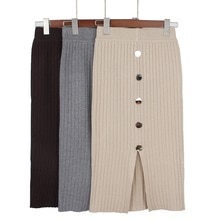 GIGOGOU Hoge Taille Herfst Winter Gebreide Vrouwen Rokken Warm rok Lange Vrouwelijke Rib Rokken Met Knop