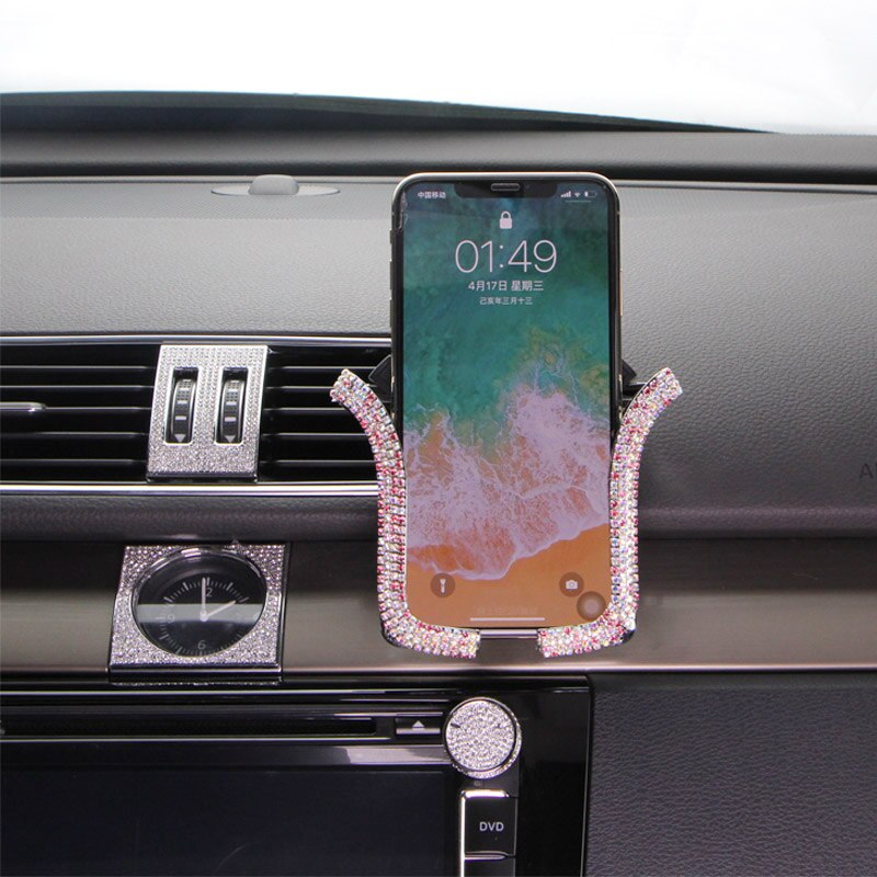 Soporte Universal para teléfono móvil de coche, con cristal de Bing, diamantes de imitación, Clip de montaje para rejilla de ventilación de coche, para iPhone, Samsung, soporte para coche: pink 1