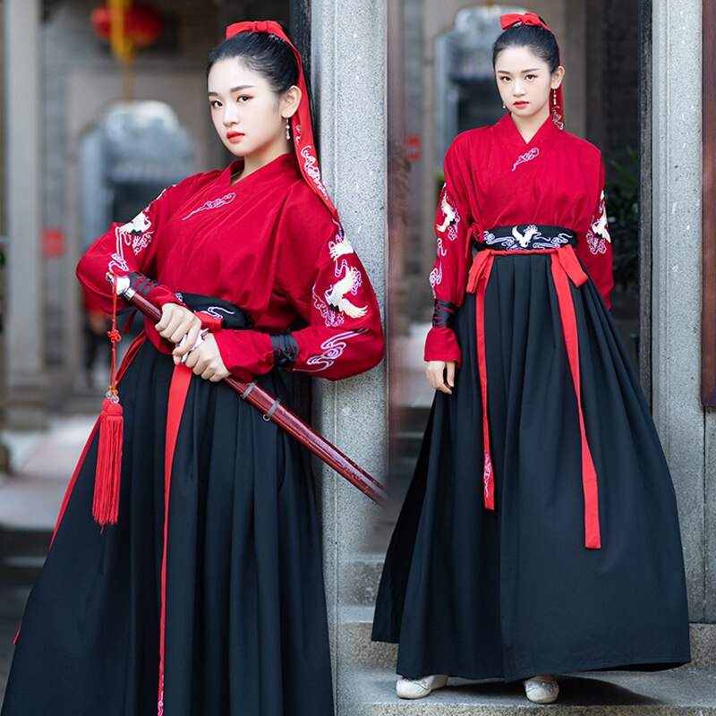 rouge Hanfu robe pour adultes femmes hommes ancien chevalier Errant Han dynastie Costumes Folk danse Cosplay héros scène Costumes