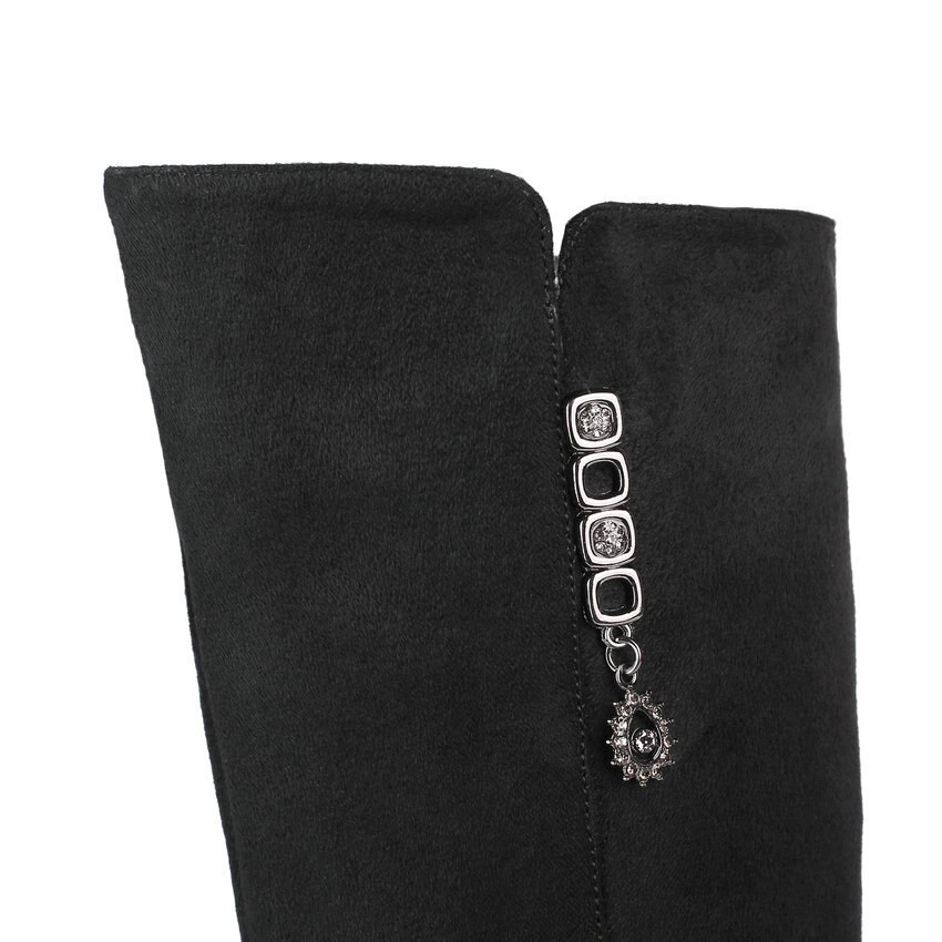 Qutaa höst vinter scrub rund tå blixtlås dam skor fyrkantiga högklackade strass knähöga stövlar storlek 34-43