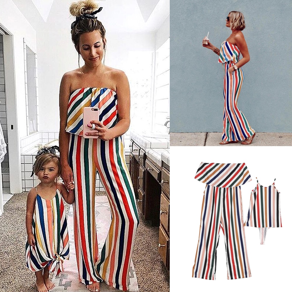 Familie Passenden Outfits Sommer Gestreiften Mutter und Tochter Kleidung Mom Off-schulter Rüschen Lange Overall Kinder Mädchen Kleider