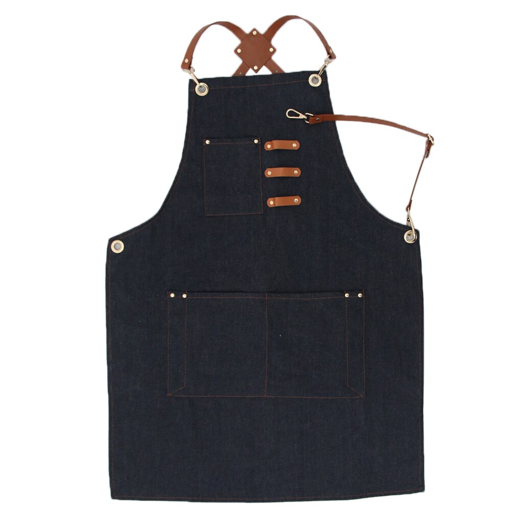 Leather Strap Denim Bib Apron BBQ Baker Bartender Barista Chef Work Uniform: Blue B