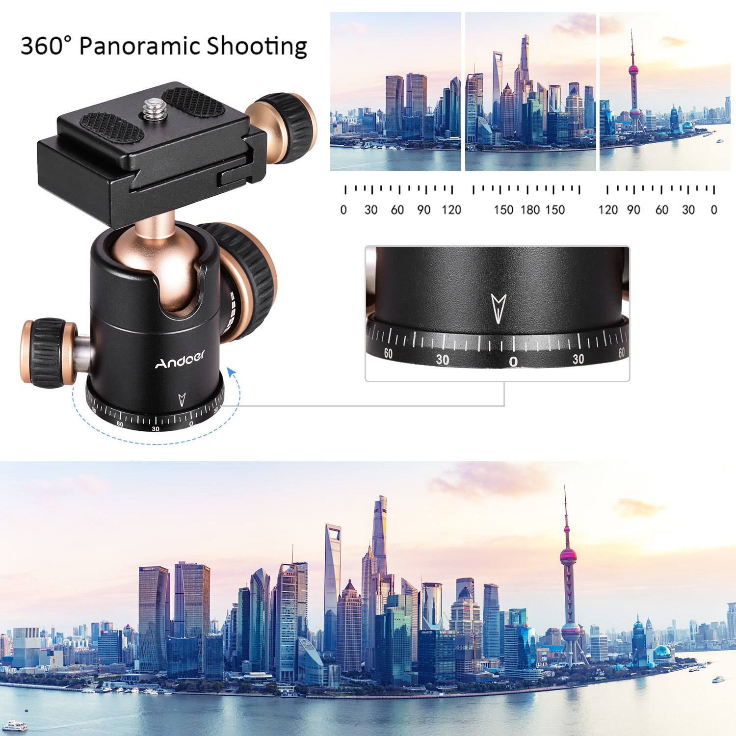 Andoer Q30 CNC Panorama Treppiedi Testa A Sfera In Lega di Alluminio Materiale di Max. Carico 5KG Rotazione di 360 Gradi con 1/4 3/8 di Pollice Foro per Vite
