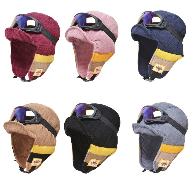 Gorra de cazador de soldado de terciopelo para mujer, gorro Reversible con gafas desmontables, a prueba de viento, a rayas de bloque de color, con orejeras